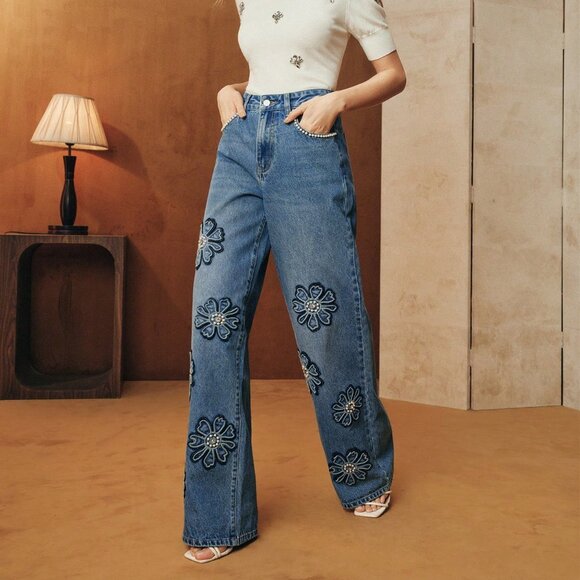 Dark Wash Women's Elegant Floral Embroidered Jeans with Pearl Rhinestone